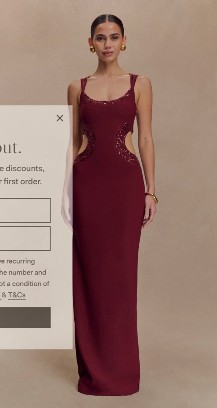 Meshki Dress Small Angelique Beaded Crepe Maxi in Wine Sequin Cutout Bodycon